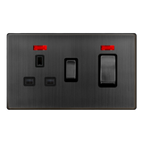 Screwless Plate Matt Bronze 50A Ingot Double Pole Switch With 13A Double Pole Switched Plug Socket + Neon - Black Trim - SE Home