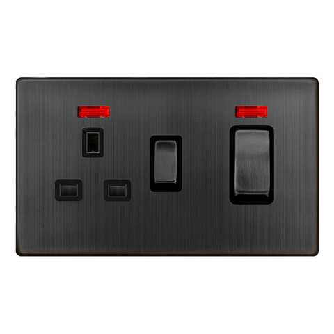 Screwless Plate Matt Bronze 50A Ingot Double Pole Switch With 13A Double Pole Switched Plug Socket + Neon - Black Trim - SE Home