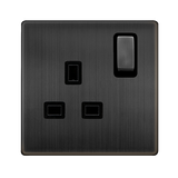 Screwless Plate Matt Bronze 13A Ingot 1 Gang DP Switched Plug Socket - Black Trim - SE Home