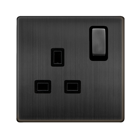 Screwless Plate Matt Bronze 13A Ingot 1 Gang DP Switched Plug Socket - Black Trim - SE Home