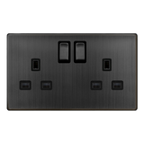 Screwless Plate Matt Bronze 13A Ingot 2 Gang DP Switched Plug Socket - Black Trim - SE Home