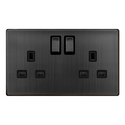 Screwless Plate Matt Bronze 13A Ingot 2 Gang DP Switched Plug Socket - Black Trim - SE Home