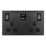 Screwless Plate Matt Bronze 13A Ingot 2 Gang Switched Plug Socket With Type A + C Usb - Black Trim - SE Home