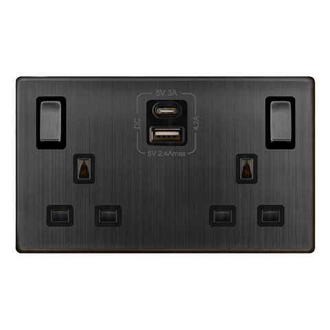 Screwless Plate Matt Bronze 13A Ingot 2 Gang Switched Plug Socket With Type A + C Usb - Black Trim - SE Home