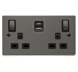 Black Nickel 2 Gang 13A DP Ingot Type A & C USB Twin Double Switched Plug Socket - Black Trim