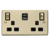 Polished Brass 2 Gang 13A DP Ingot Type A & C USB Twin Double Switched Plug Socket - Black Trim - SE Home