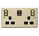 Polished Brass 2 Gang 13A DP Ingot Type A & C USB Twin Double Switched Plug Socket - Black Trim