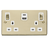 Polished Brass 2 Gang 13A DP Ingot Type A & C USB Twin Double Switched Plug Socket - White Trim - SE Home