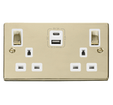 Polished Brass 2 Gang 13A DP Ingot Type A & C USB Twin Double Switched Plug Socket - White Trim