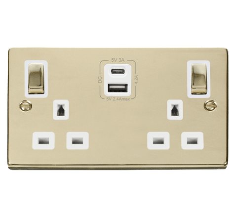 Polished Brass 2 Gang 13A DP Ingot Type A & C USB Twin Double Switched Plug Socket - White Trim - SE Home