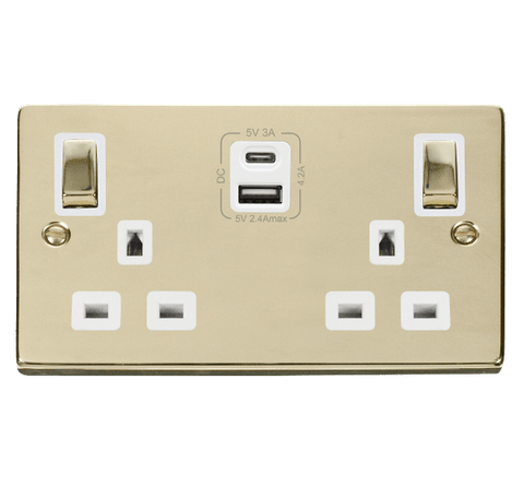 Polished Brass 2 Gang 13A DP Ingot Type A & C USB Twin Double Switched Plug Socket - White Trim