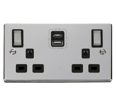 Polished Chrome 2 Gang 13A DP Ingot Type A & C USB Twin Double Switched Plug Socket - Black Trim