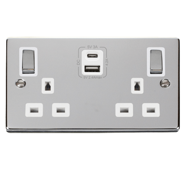 Polished Chrome 2 Gang 13A DP Ingot Type A & C USB Twin Double Switche ...