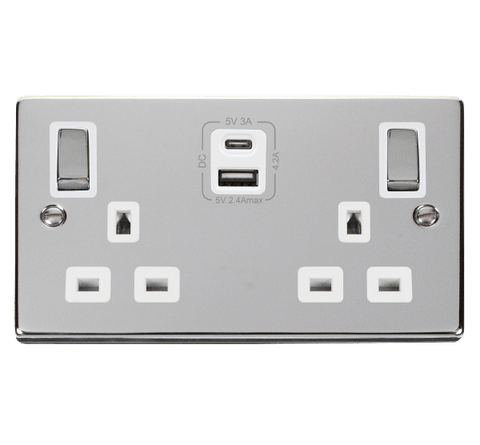 Polished Chrome 2 Gang 13A DP Ingot Type A & C USB Twin Double Switched Plug Socket - White Trim