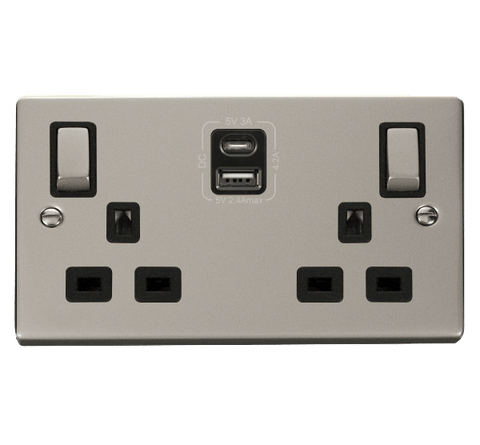 Pearl Nickel 2 Gang 13A DP Ingot Type A & C USB Twin Double Switched Plug Socket - Black Trim