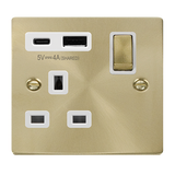 Satin Brass 1 Gang 13A DP Ingot With Type A & C USB Switched Plug Socket - White Trim