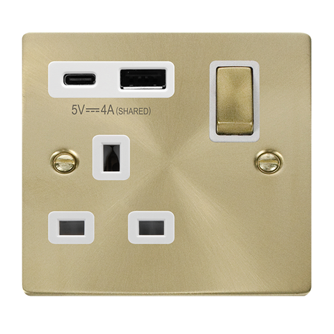 Satin Brass 1 Gang 13A DP Ingot With Type A & C USB Switched Plug Socket - White Trim