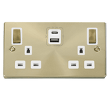 Satin Brass 2 Gang 13A DP Ingot Type A & C USB Twin Double Switched Plug Socket - White Trim - SE Home