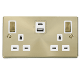 Satin Brass 2 Gang 13A DP Ingot Type A & C USB Twin Double Switched Plug Socket - White Trim