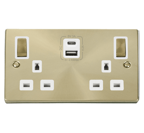 Satin Brass 2 Gang 13A DP Ingot Type A & C USB Twin Double Switched Plug Socket - White Trim - SE Home
