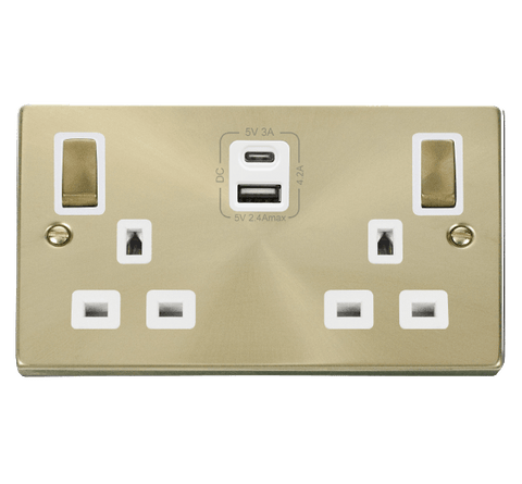 Satin Brass 2 Gang 13A DP Ingot Type A & C USB Twin Double Switched Plug Socket - White Trim