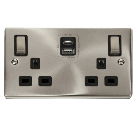 Satin Chrome 2 Gang 13A DP Ingot Type A & C USB Twin Double Switched Plug Socket - Black Trim