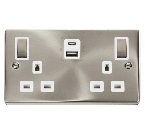 Satin Chrome 2 Gang 13A DP Ingot Type A & C USB Twin Double Switched Plug Socket - White Trim