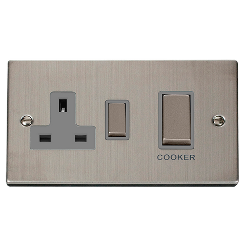 Stainless Steel Cooker Control Ingot 45A With 13A Switched Plug Socket - Grey Trim