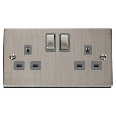 Stainless Steel 2 Gang 13A DP Ingot Twin Double Switched Plug Socket - Grey Trim