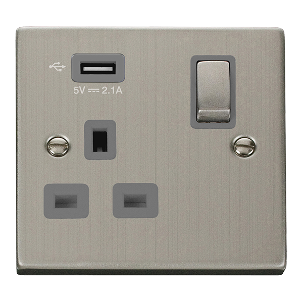 Stainless Steel 1 Gang 13A DP Ingot 1 USB Switched Plug Socket - Grey ...