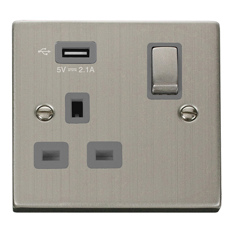 Stainless Steel 1 Gang 13A DP Ingot 1 USB Switched Plug Socket - Grey Trim