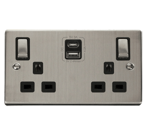 Stainless Steel 2 Gang 13A DP Ingot Type A & C USB Twin Double Switched Plug Socket - Black Trim