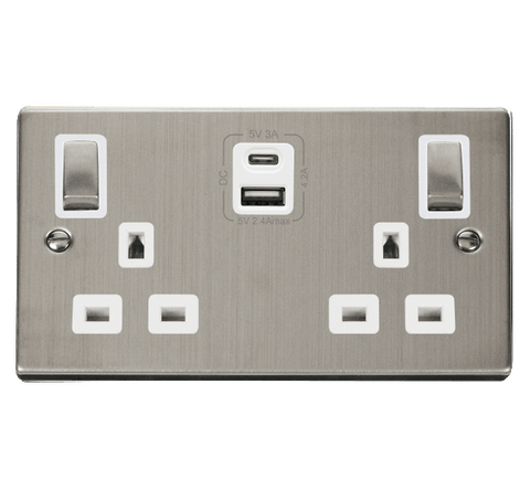 Stainless Steel 2 Gang 13A DP Ingot Type A & C USB Twin Double Switched Plug Socket - White Trim