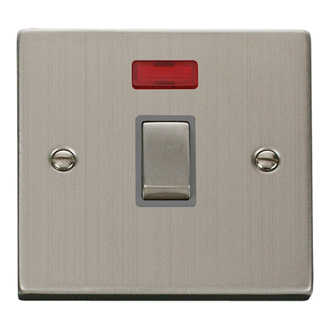 Stainless Steel 1 Gang 20A Ingot DP Switch With Neon - Grey Trim
