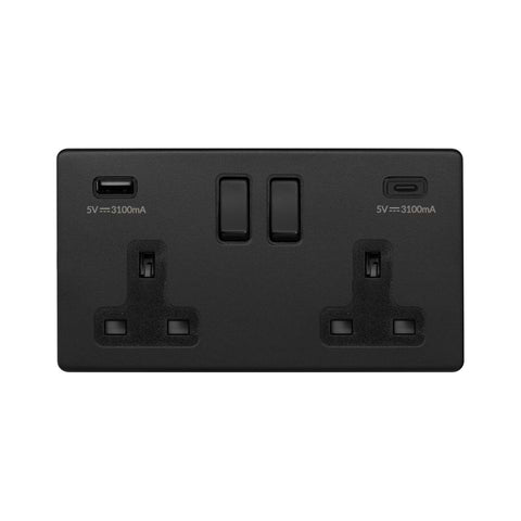 Screwless Matt Black 2 Gang USB A&C Socket (13A Socket + 2 USB Ports A&C 3.1A)