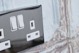 Screwless Raised - Polished Chrome 13A 2 Gang Switched Plug Socket, Double Pole - White Trim - SE Home