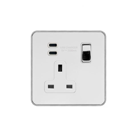 Screwless Fusion White & Polished Chrome With Chrome Edge 1 Gang USB C+C Socket (13A Socket + 2 USB C 3.1A Ports) White Trim