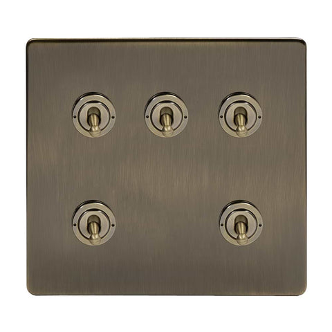 Screwless Antique Brass 5 Gang 2 Way Toggle Light Switch
