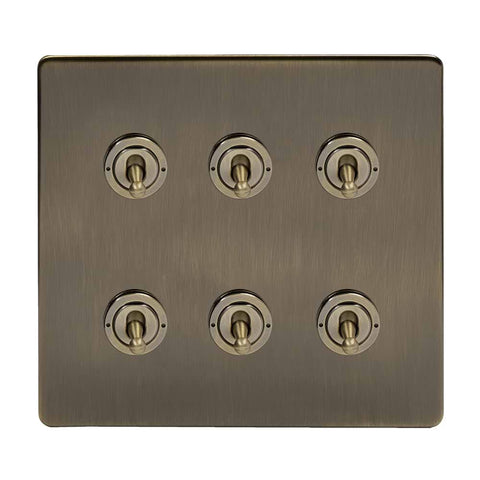 Screwless Antique Brass 6 Gang 2 Way Toggle Light Switch