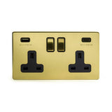Screwless Brushed Brass 2 Gang USB A+C Socket (13A Socket + 2 USB Ports A+C 3.1A)