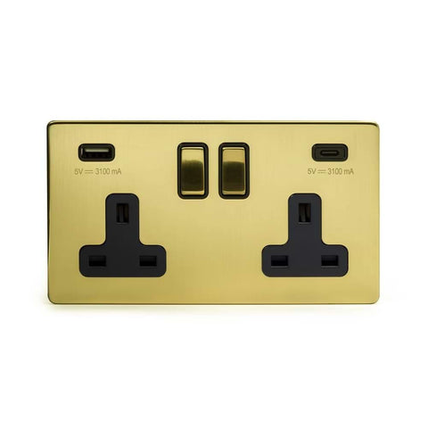 Screwless Brushed Brass 2 Gang USB A+C Socket (13A Socket + 2 USB Ports A+C 3.1A)