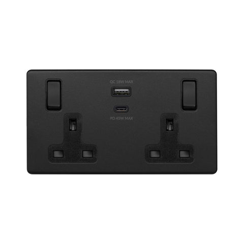 Screwless Matt Black 13A 2 Gang Super Fast Charge 45W USB A+C Socket