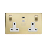 Screwless Brushed Brass 2 Gang 65W USB C+C Socket (13A Socket + 2 USB C Ports)