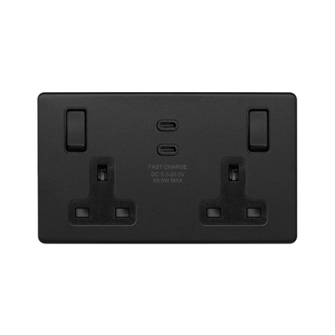 Screwless Matt Black 2 Gang 65W USB C+C Socket (13A Socket + 2 USB C 4.8A Ports)