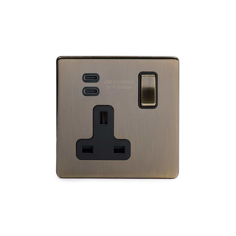 Screwless Antique Brass 1 Gang USB C+C Socket (13A Socket + 2 USB C 3.1A Ports)