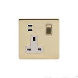 Screwless Brushed Brass 1 Gang USB C+C Socket (13A Socket + 2 USB C 3.1A Ports)