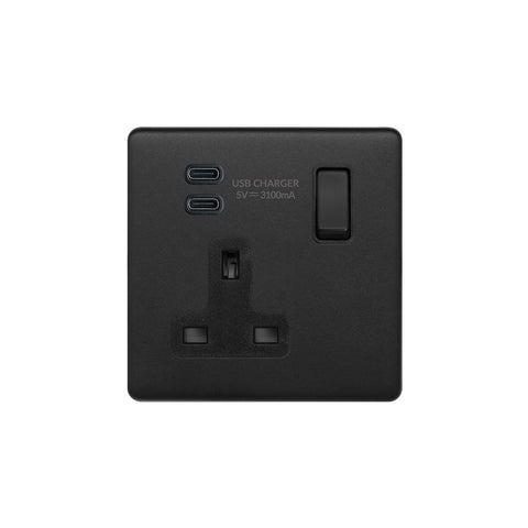 Screwless Matt Black 1 Gang USB C+C Socket (13A Socket + 2 USB C 3.1A Ports)