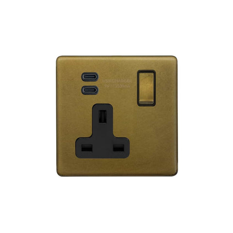 Screwless Old Brass 1 Gang USB C+C Socket (13A Socket + 2 USB C 3.1A Ports)