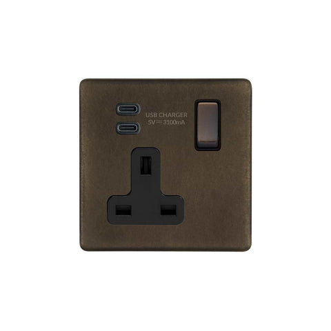 Screwless Vintage Brass 1 Gang USB C+C Socket (13A Socket + 2 USB C 3.1A Ports)