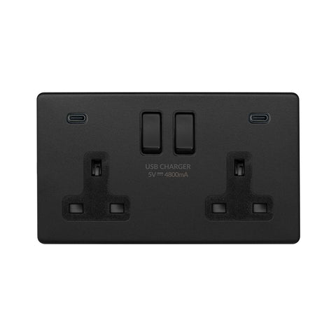 Screwless Matt Black 2 Gang USB C+C Socket (13A Socket + 2 USB C 4.8A Ports)